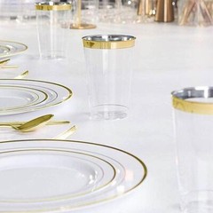 8 oz Disposable CLEAR with Gold Rim PLASTIC CUPS Wedding Party TABLEWARE SALE
