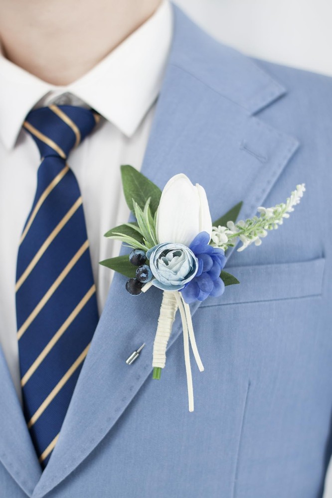 1 pc White & Blue Boutonniere for Men Wedding Single Groom Groomsmen Artifici…