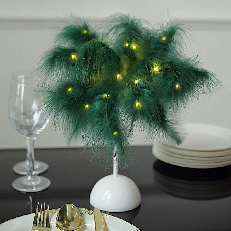 15″ HUNTER GREEN Feather DESK LAMP Decorative LED Light Table Centerpiece Party