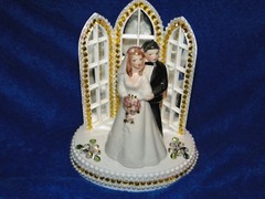 New Chapel Church Mirrored Windows Cake topper with Bride & Groom & Golden Decor