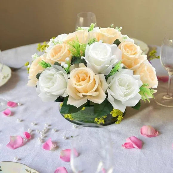 Silk Roses Flowers Centerpiece Arrangement Peach White Bridal Party USA Seller