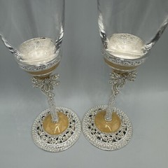 Things Remembered Bride & Groom Wedding Champagne Flute Glasses Set Bows Peals