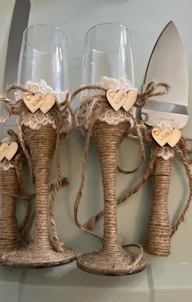 Country Wedding Flutes And Cake Serving Knives With Burlap And Lace