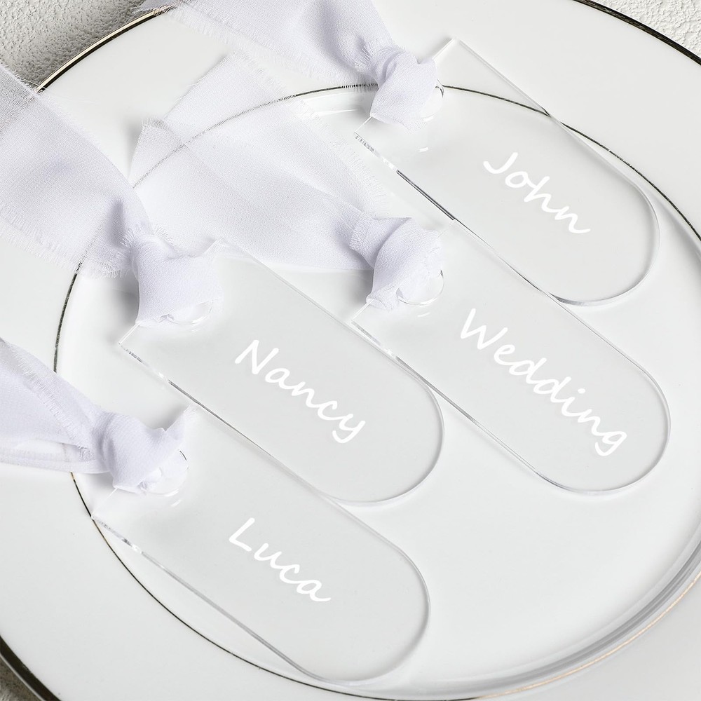 24 PCS Clear Acrylic Place Cards Wedding White Ribbon 3.54×1.77 Inch Blank