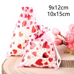 25pcs Organza Gift Bags Red Love Heart Drawstring Pouches Wedding Valentine