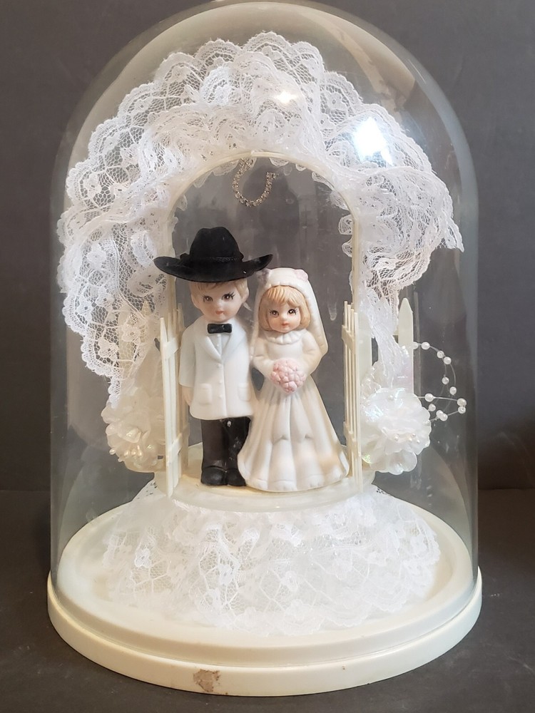 Vintage Western Cowboy & Cowgirl Wedding Topper In Cloche Dome