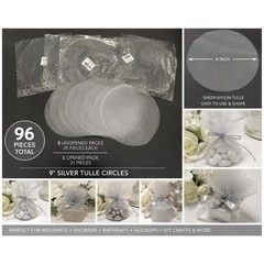 Lot of 96 Silver Sheer Nylon Tulle Favor Wrap Circles 9″ DIY Wedding Crafts New