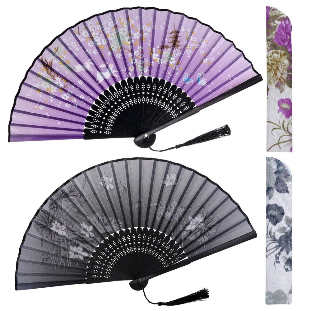 Jmkcoz Handheld Folding Fans Floral Hand Held Medium, Black & Purple