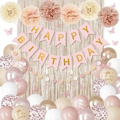 Boho Dusty Birthday Decorations for Women Girls, Blush Beige Gold Metallic Pink