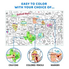 Licidecopai 54×33 Inch US Themed Giant Coloring Poster – 54″L x 33″W, Map