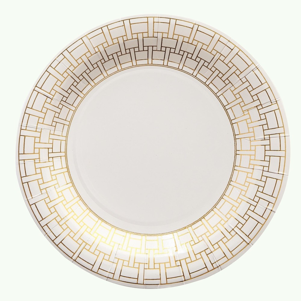 25 White 7″ Paper Plates Gold Basketweave Design Rim Party Events Home Tableware