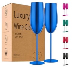 Stainless Steel Champagne Flutes Set of 2-Unbreakable Metal Long Stem Blue