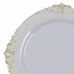 10 GRAY GOLD 10″ Round Plastic Salad Dinner PLATES Embossed Baroque Rim Party