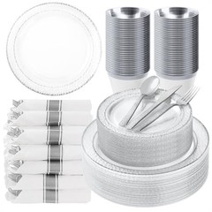 350PCS Clear Plastic Plates with Trim for 50 Guests, 50 Guests Set Silver