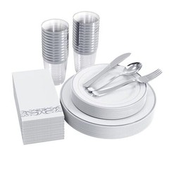 175 Count Silver Dinnerware Set for 25 Guests – Silver Silver Rim Dinnerware
