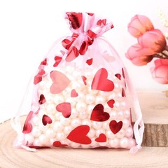 25pcs Organza Gift Bags Red Love Heart Drawstring Pouches Wedding Valentine