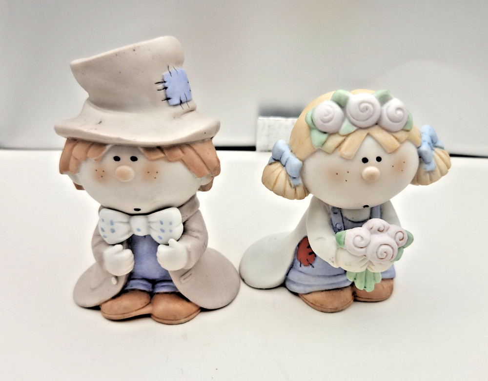 Bumpkins Wedding Cake Toppers Groom & Bride Bisque Porcelain Country Vintage