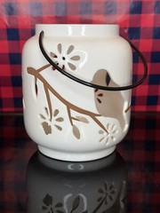 Vintage Pierced Ceramic Tealight Candle Holder Cutout Bird Branch Leaves Decor