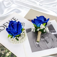 SITUMEIZI 2Pcs Blue Corsage and Boutonniere Set,Corsage Wristlet Athens
