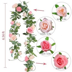 2Pack Artificial Rose Flower Garland 6.5FT Fake Rose Vine Peach Deep Pink