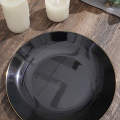 BLACK 10 Glossy 8″ Round Plastic Salad PLATES Gold Rim Party Events Decorations