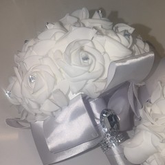 Artificial White Rose Wedding Bouquet 9in w/ Satin Ribbon Handle & Rhinestones