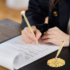 1 Pcs Hollow Round Pen Holder Signing Pen Set Big Crystal Diamond, Gold Tone