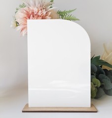 Half Arched Acrylic Sign Board with Wood Stand | Wedding Welcome Table Decor