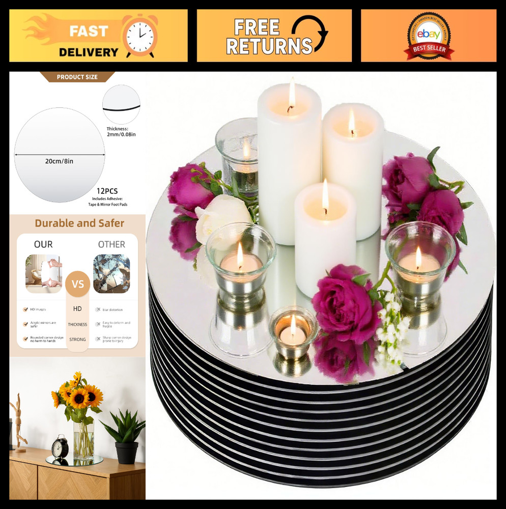 12 Pack 8″ Round Acrylic Mirror Centerpieces for Wedding & Party Decor, 2mm Thic