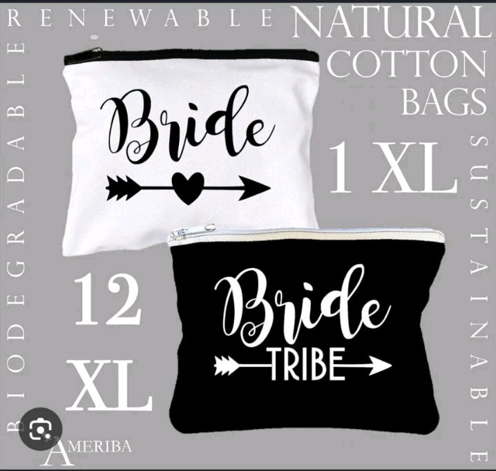 Bride Tribe Cotton Zipper Bags Set of 12 + 1 Bridal Bag Reusable Black/White