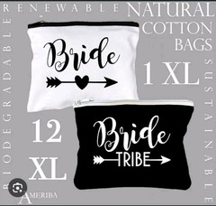 Bride Tribe Cotton Zipper Bags Set of 12 + 1 Bridal Bag Reusable Black/White