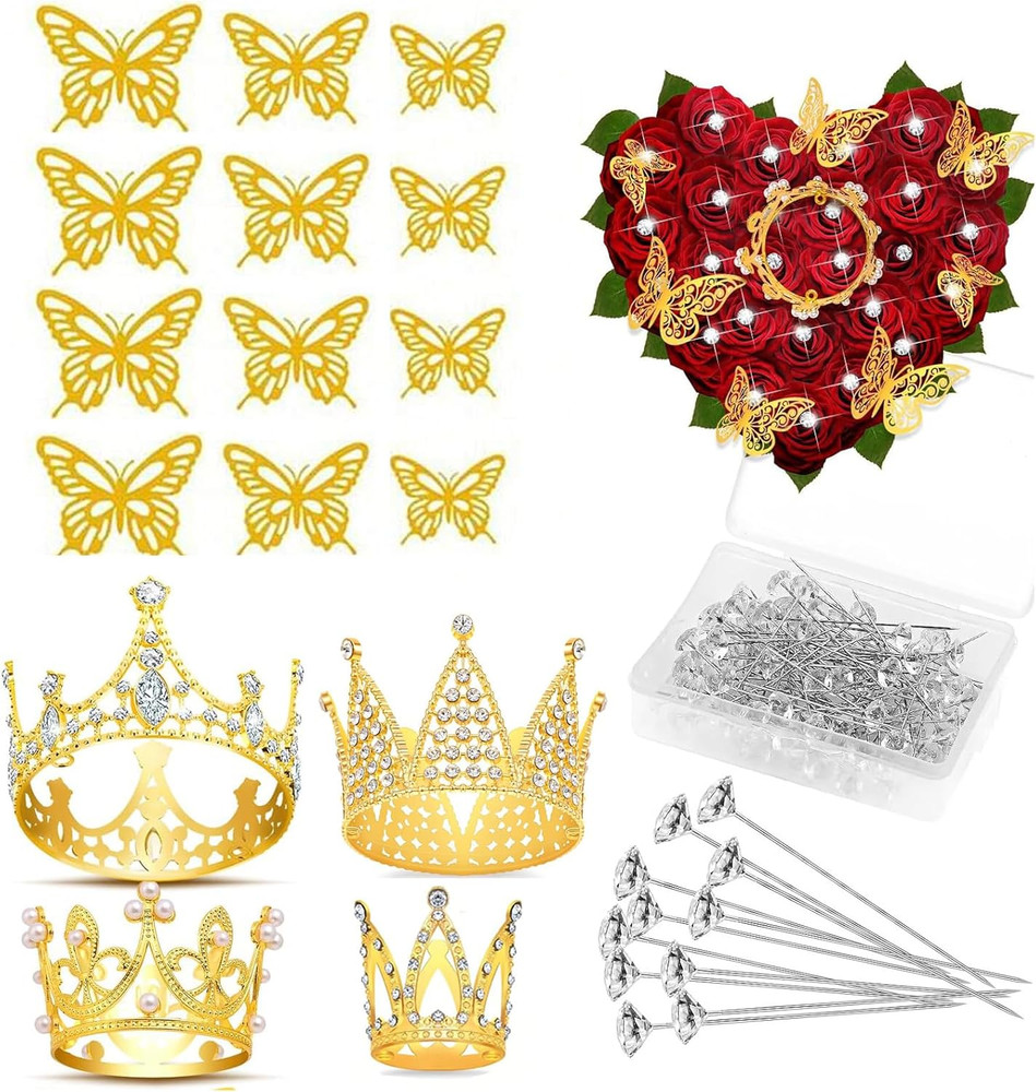 Flower Bouquet Accessories Including 4Pcs Crown Cake Topper Mini Tiara,12 Butter