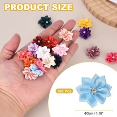 100Pcs Ribbon Flowers 1.2″ Fabric Flowers with Rhinestones Blue
