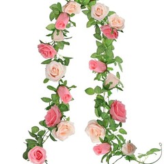 2Pack Artificial Rose Flower Garland 6.5FT Fake Rose Vine Peach Deep Pink