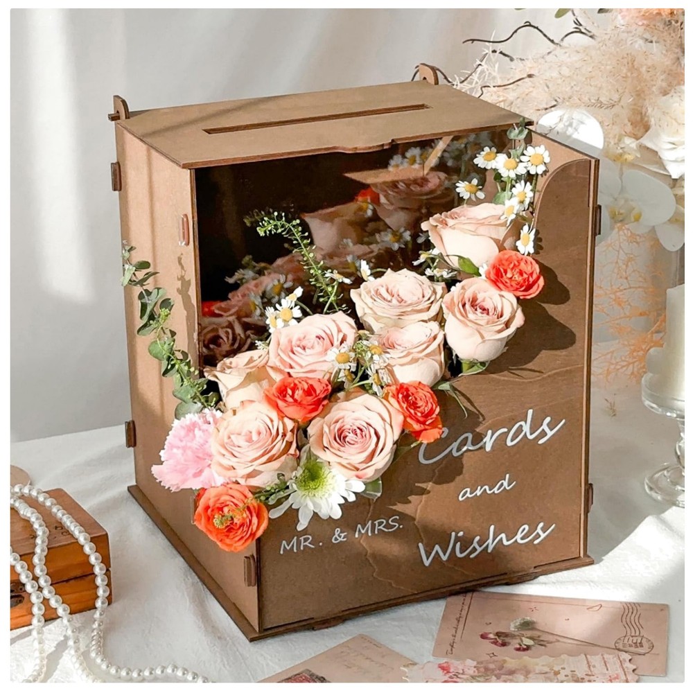 Brown Wedding Card Box with Wave Flower Trough, Wooden Gift Card Box for Wedd…