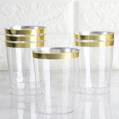 25 pcs 8 oz Plastic CLEAR with Gold Rim CUPS Disposable Tableware Party Wedding