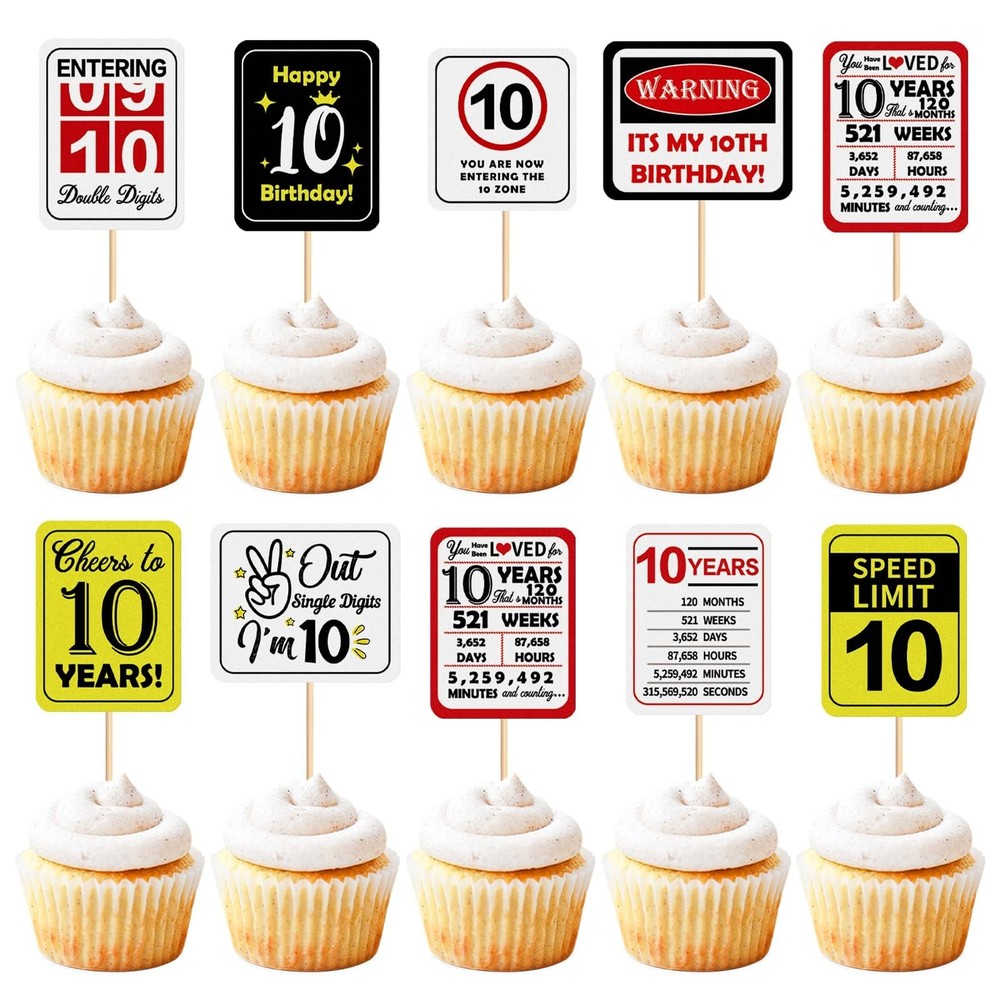 36Pcs 10th Birthday Card Cupcake Toppers Cheers to 10 Years Out Single Digits…