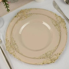 10 TAUPE GOLD 8″ Round Plastic Salad Dinner PLATES Embossed Baroque Rim Party