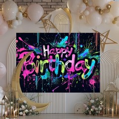 Neon Happy Birthday Banner 96×72 Inch Photography Backdrops Party Background …