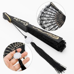 2Pcs Lace Folding Fan Handheld Bamboo Hand Fans with White Lotus black, white