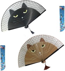 2 Pieces Cat Folding Fans Handheld with Bamboo Frame and Black Brown