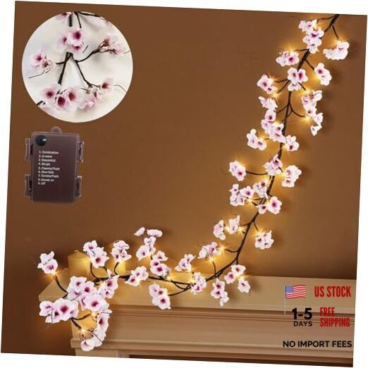 Lighted Cherry Blossom Garland with Timer 48 LED Fairy Lights 6FT for Mantle,