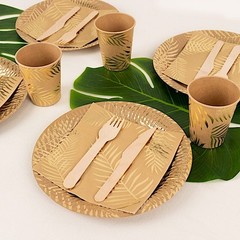 72 NATURAL Disposable Paper TABLEWARE SET GOLD Palm Leaves Print Party Events