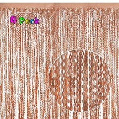 4 Pack Rose Gold Foil Curtain Birthday Decorations – 3.3×6.6ft Wavy Tinsel Fo…