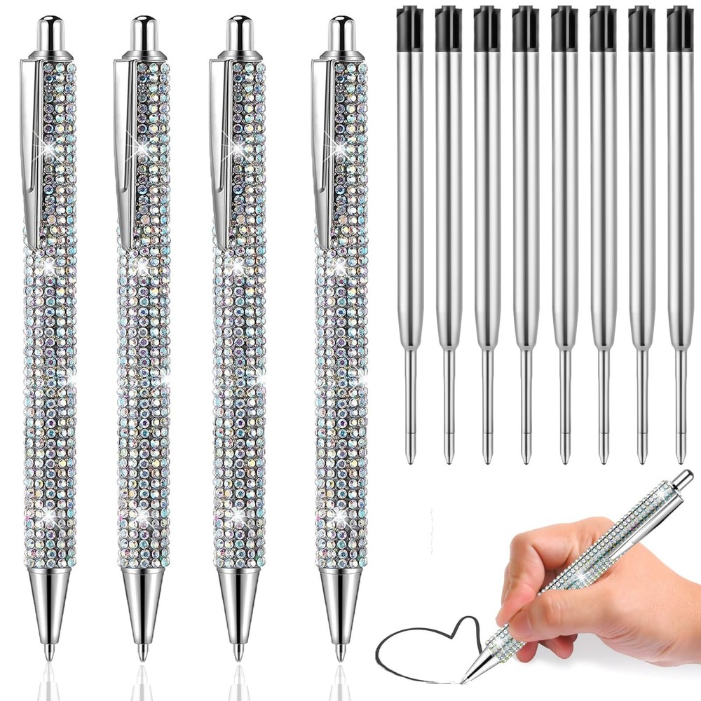 Bling Pens for Rhinestones, 4Pcs Sparkly Silver Ballpoint Pen with 8Pcs Black…