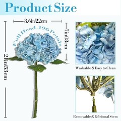 3 Pcs Real Touch Hydrangea Artificial Flowers, Pet-Safe 3D Latex Blue