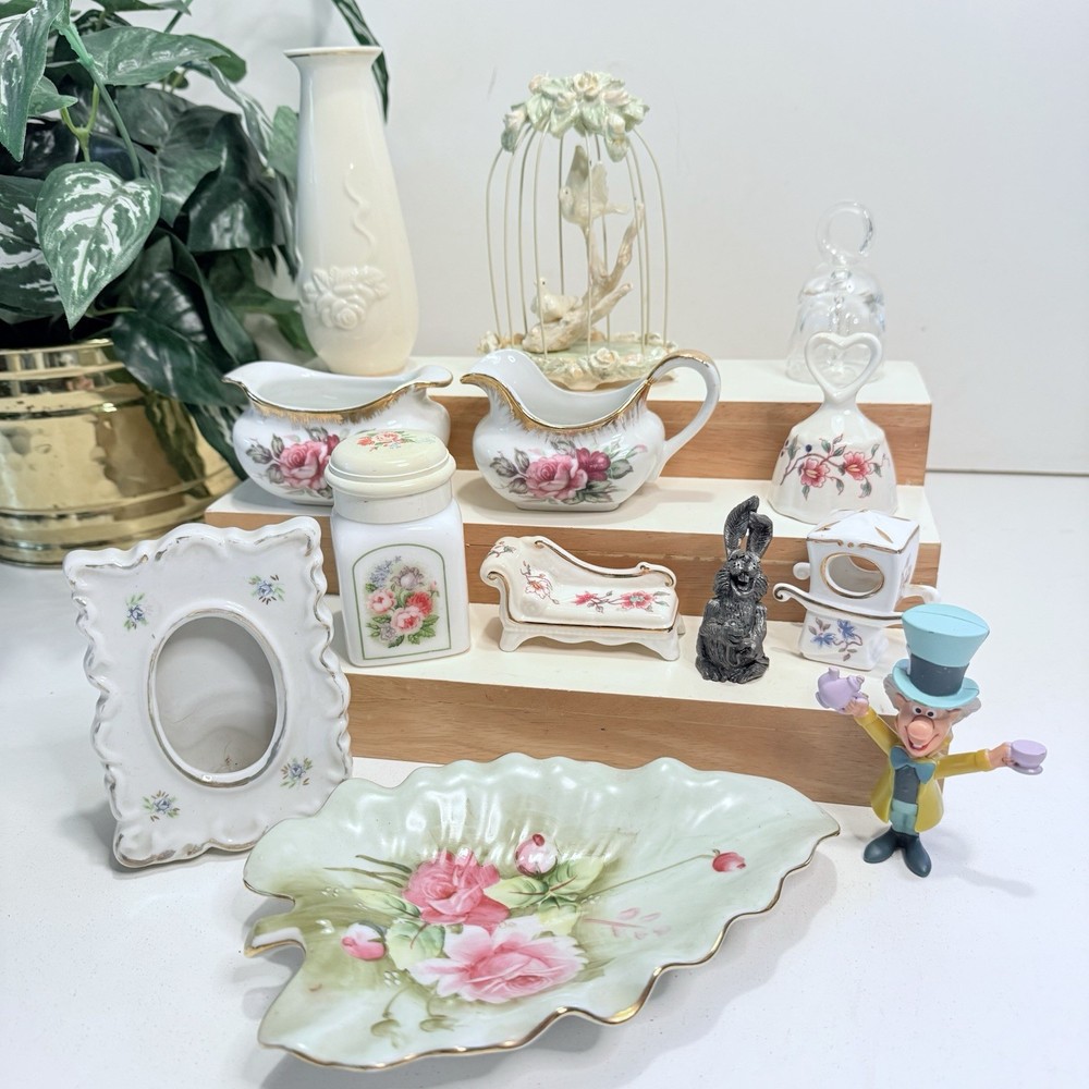 Vintage Table Decor For Tea Party -Vase, Sugar & Creamer, Bells, Pewter Rabbit +