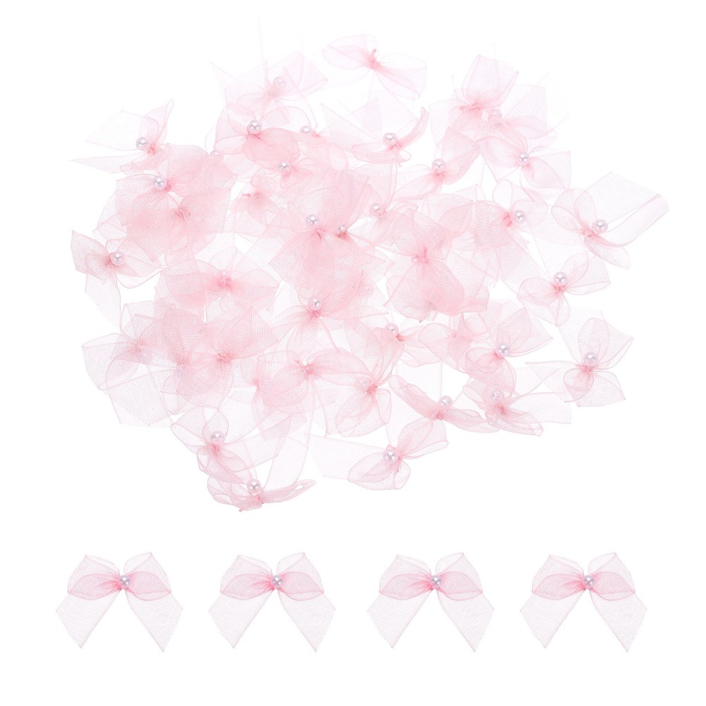 50Pcs Mini Light Pink Ribbon Bow with Pearl 1″ Ribbon Flowers Applique