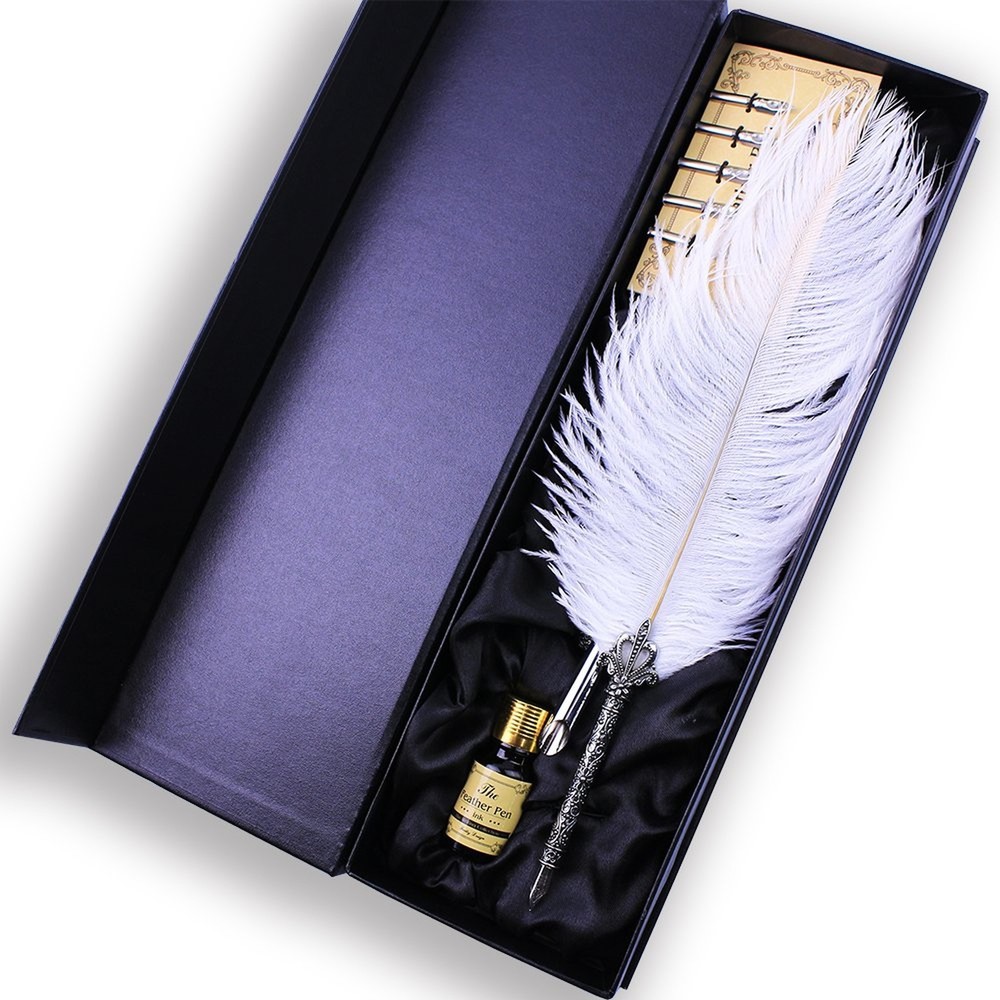 Featty Gifts Natural White Ostrich Plume Dip Quill Pen Set,Retro Crown Penhol…