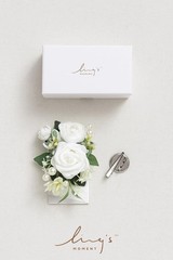 Lings Moments Pocket Boutonniere for Groom Groomsmen, Prom Homecoming White